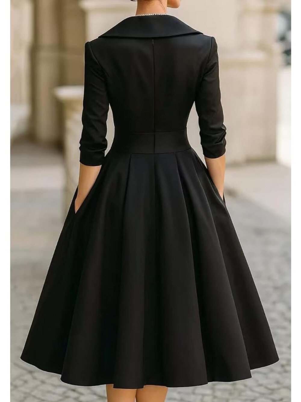 Women's Black Wrap Long Sleeve V-Neck Silky Casual Elegant Midi Church Dress - Picture 5 of 5